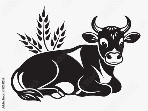 A black and white illustration of a cow resting near wheat stalks