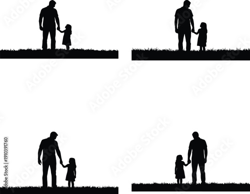 Father and daughter silhouettes holding hands on grass