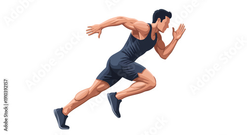 A muscular man in athletic wear sprinting to the right on a white background with a dynamic pose.