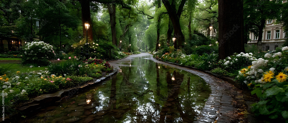 Obraz premium A serene forest pathway is lined with lush greenery and colorful flowers, illuminated by charming street lamps. the wet cobblestone path reflects the verdant canopy and vibrant blooms, creating a peac