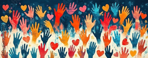 Colorful raised hands and floating hearts on a textured blue and cream background conveying unity, celebration and supportive community