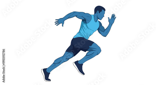 Full-body illustration of a man running in a dynamic pose with blue tones on a white background.