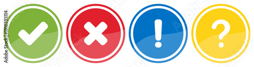 Validation Symbols Icons Set – Check Mark, Cross, Exclamation, Question Mark in Colorful Circle Buttons Vector Illustration