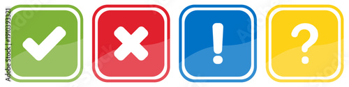 Validation Symbols Icons Set – Check, Cross, Exclamation, Question Mark in Rounded Square Buttons Vector Illustration