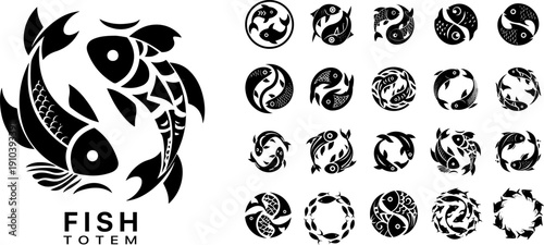 Minimal monochrome fish totem emblems in bold black vector style, circular tribal logo icons with yin yang compositions, symmetrical negative space and geometric patterns, abstract koi fish symbols is