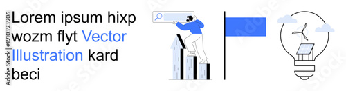 Business planning, search tools, renewable energy, innovation, progress tracking, sustainability. Man analyzing a progress chart, light bulb with wind turbine and solar panel elements. Business