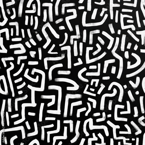 dense black background covered with energetic white brushstroke maze-like doodles and bold geometric lines creating a chaotic playful abstract pattern