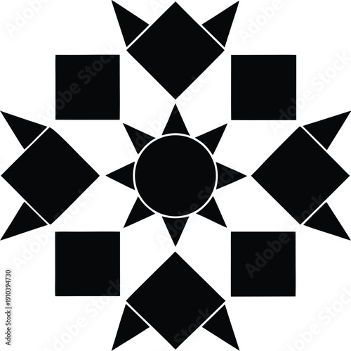 Geometric design of a central circle surrounded by diamond and square shapes, creating a star-like pattern in a black and white illustration
