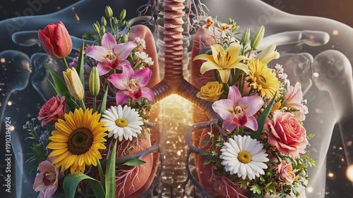 Lungs blooming with vibrant flowers inside a translucent torso form, radiant light glowing from within