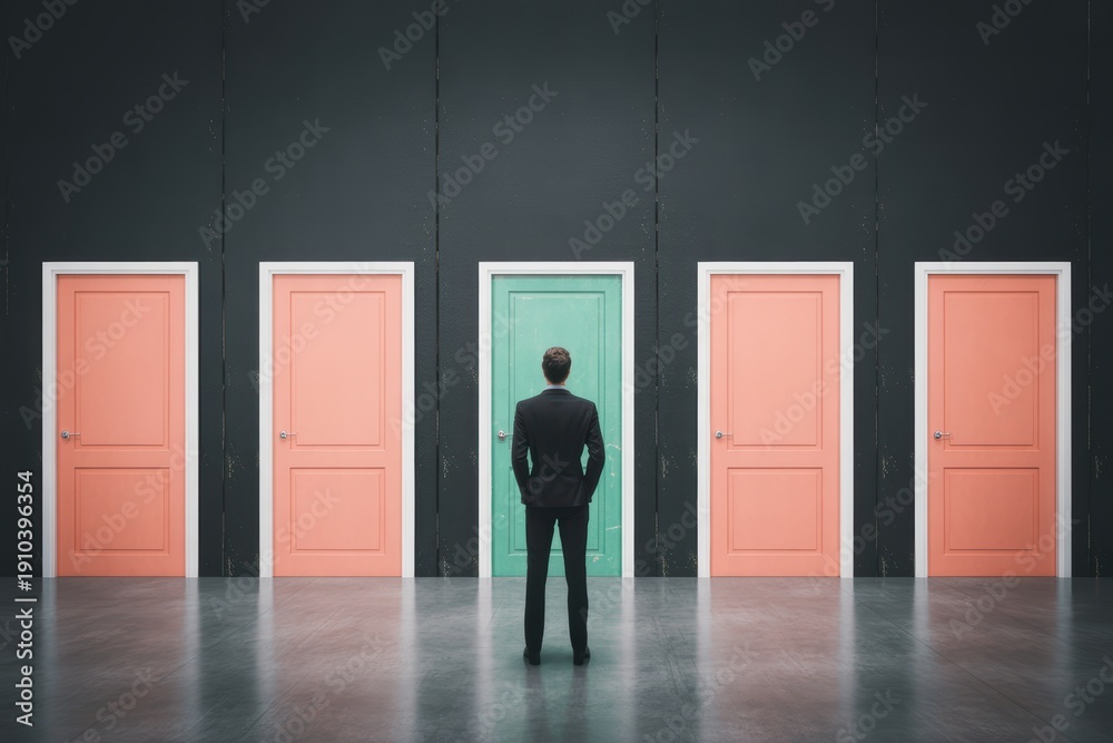 Fototapeta premium A businessman in a suit stands facing a row of five doors, with a prominent green door in the center, symbolizing significant life and career choices.