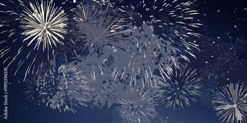 A dark blue night sky illuminated by multiple bright fireworks displays