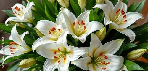 Elegant bouquet of pristine white lilies, lush green foliage,  petals,  floral design