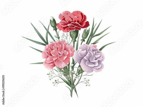 Watercolor illustration of a bouquet featuring three carnation flowers in bloom