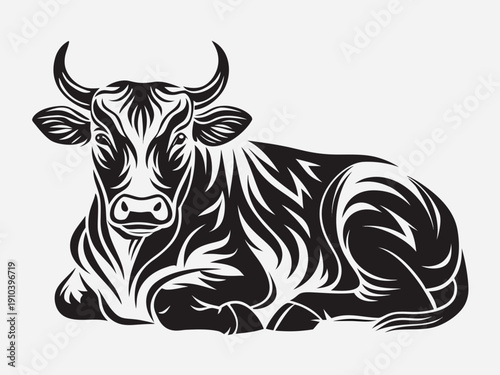 A striking black and white illustration of a resting bull in a decorative style