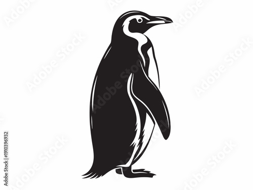 A striking black and white illustration of a stately penguin in profile