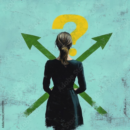 Woman standing with hands on hips in a black dress facing a large yellow question mark and crossed green arrows on a textured teal background, contemplative and uncertain