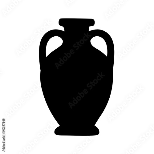 A minimalist black silhouette of an ancient Greek amphora pottery jar with handles for classical Mediterranean history and archaeological design themes.