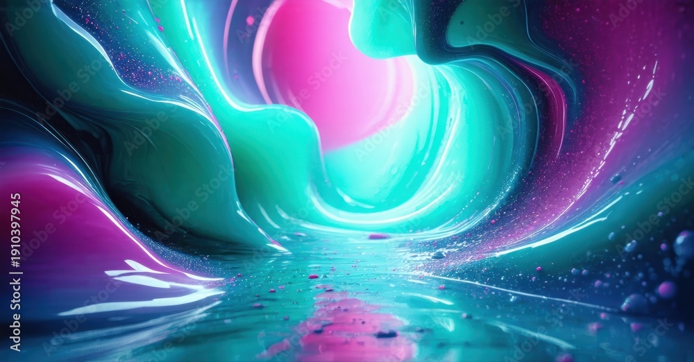 Fototapeta premium Abstract fluid shapes, vibrant colors, tunnel perspective. Pink, teal hues blend, creating dynamic energy, light reflections.