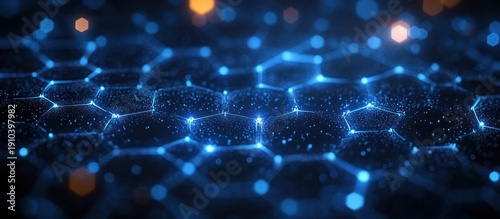 Wallpaper Mural glowing blue hexagonal grid and particle network with warm bokeh lights, futuristic and mysterious atmosphere Torontodigital.ca
