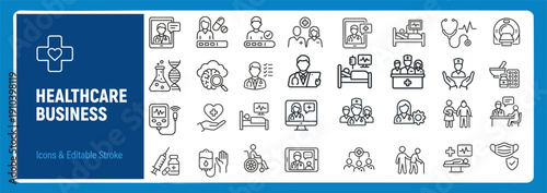 Healthcare Business and Medical Management Outline Vector Icon Set — Hospital Administration and Clinic Operations Editable Stroke Icons for Web and App UI
