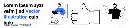 Technology, communication, social media, gestures, positivity, productivity. A man uses a laptop, a thumb-up icon and a gesturing person in a clean design. Technology and communication