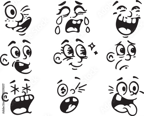 Collection of expressive cartoon faces depicting various emotions and reactions Vector, illustration
