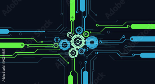 Abstract digital network illustration showcasing intricate circuit board pathways and central gears, representing data processing, technological innovation, and global connectivity.