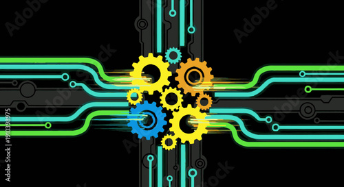 Vibrant interlocking gears symbolize complex technological processes and interconnected digital networks against a dynamic circuit board background.