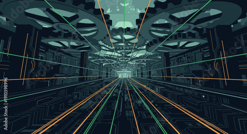 An intricate digital tunnel with glowing orange and green lines creates a futuristic pathway, symbolizing advanced technology, data flow, and artificial intelligence.