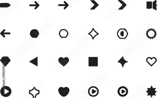 Collection of various icons representing different symbols and media controls Vector, illustration
