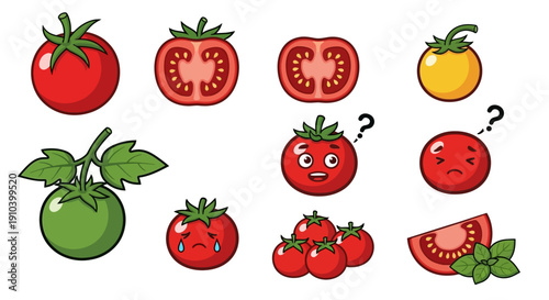 Tomato character and icon set with various expressions, slices, and growth stages isolated on white