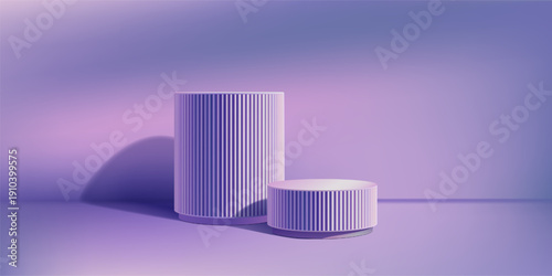 Neon purple poduim, 3d platform for product ads. Abstract studio scene, marble room pillars. Dark stage pedestal of two steps. Pink blue skincare winner display limbo. Clear modern geometric showcase