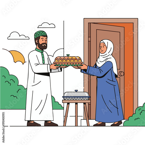 Man and woman exchanging food plate.