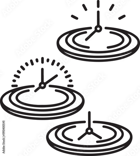 Three stylized clocks with distinct time displays and designs Vector, illustration