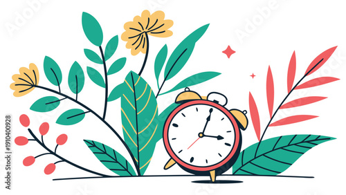 Retro alarm clock surrounded by colorful foliage and blooming flowers, evoking a sense of spring and new beginnings.