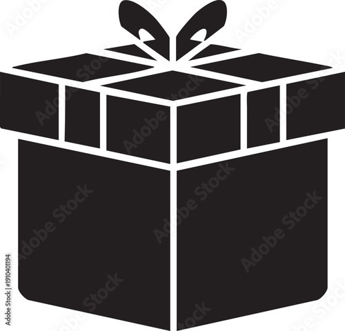 Stylized silhouette of a cube gift box with a ribbon and bow, emphasizing simplicity and festive cheer.