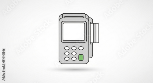 Simple line illustration of a credit card terminal with a blank screen and keypad on a white background symbolizing payment processing and financial transactions