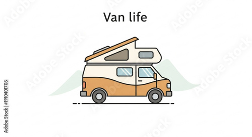Colorful camper van with pop up roof parked in front of mountains symbolizing freedom and adventure in van life