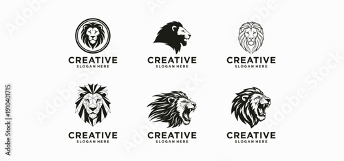 set lion logo combination of crown, symbol of strength with lion concept

