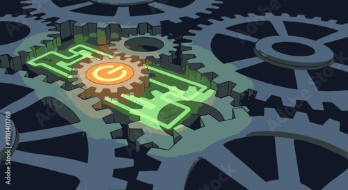 An intricate network of gears surrounds a central, glowing mechanism with a power symbol, symbolizing innovation, system activation, and technological advancement.