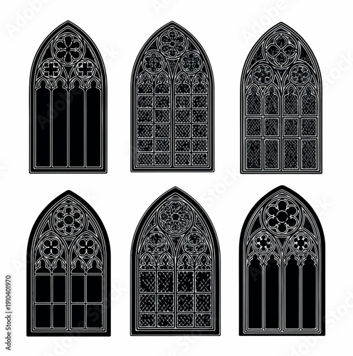 PrintCollection of ornate gothic arched window illustrations