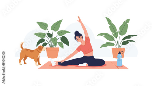 Young woman practicing yoga stretches on a mat in a room with a pet dog, large potted plants, and a water bottle in a flat style.