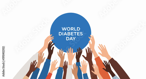 Diverse hands reaching for World Diabetes Day blue circle. Many people uniting, raising arms for World Diabetes Day awareness and health. Important World Diabetes Day concept for medical campaigns,