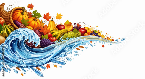 Abundant autumn harvest cornucopia with fruits, vegetables, and leaves. Autumn harvest includes pumpkins, gourds, apples, grapes, water wave. Concept autumn harvest for seasonal marketing,