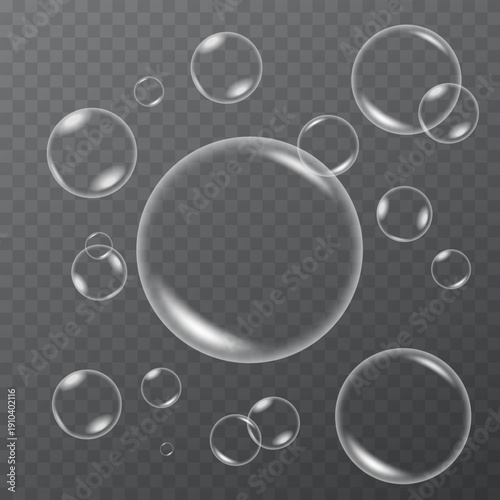 Realistic Soap Bubbles Set – Aqua Clear Transparent 3D Foam Bubble Spheres Isolated on Transparent Background Vector Illustration