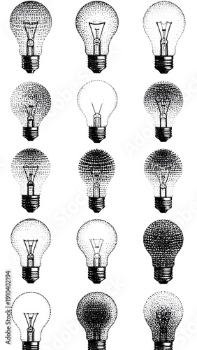 Grayscale lightbulb collage, some shaded, some clear, arranged in a grid