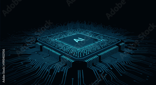 A brilliant artificial intelligence processor glows on a detailed circuit board, embodying cutting-edge modern computing and the future of digital innovation.
