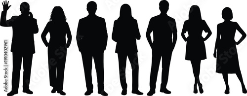 Silhouette people group, diverse human figures, teamwork concept illustration, professional casual posture design, social interaction artwork, inclusive community symbol, standing crowd graphic