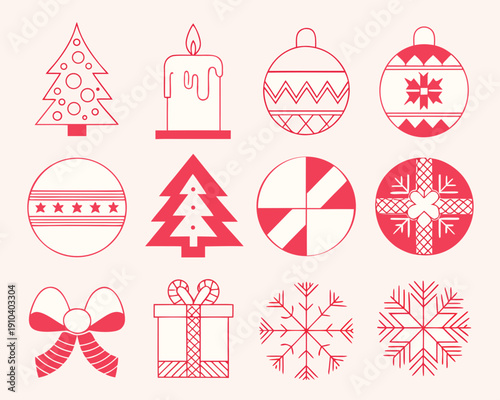 A collection of red line art christmas ornaments and festive decorations