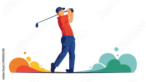Silhouette of a male golfer completes a powerful swing on a white background accented by vibrant waves of abstract colors below.